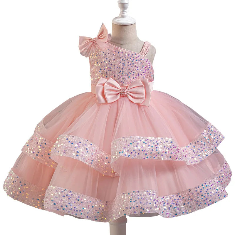 New Girls Sequin Tulle Cake Dress - Sparkling Layered Princess Gown for Baby‘s 1st Birthday & Banquet
