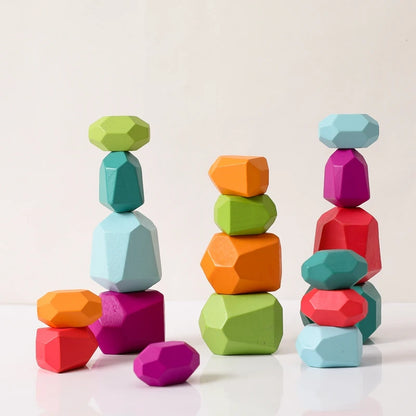 Wood Rainbow Stones Block Colorful Wooden Building Block Rainbow Stacker Balancing Stone Montessori Educational Toy Children