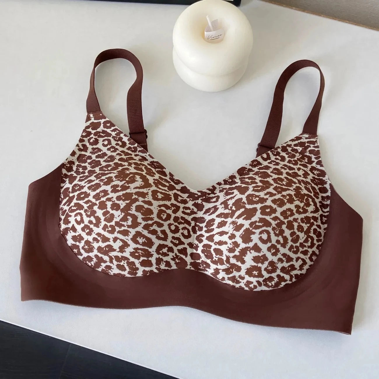 Womens Leopard Print Seamless Wireless Push Up Bra