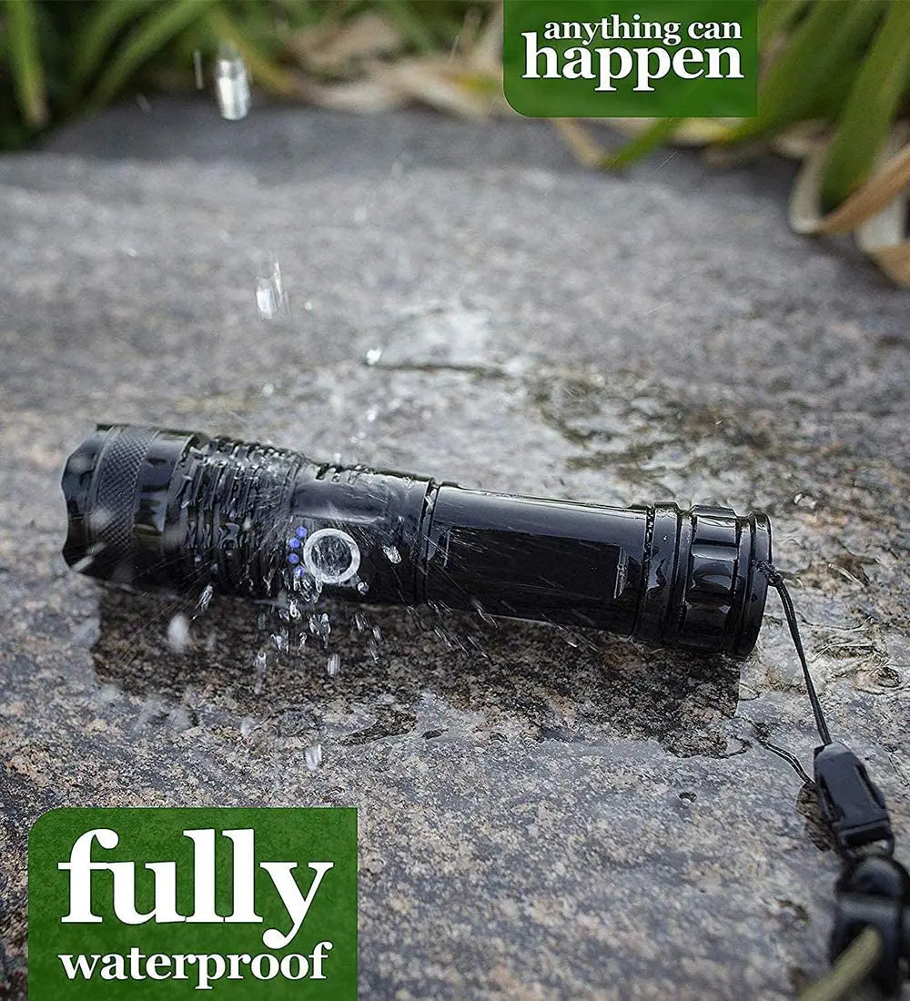 XHP120 LED Flashlight Rechargeable Zoom Tactical Torch with COB Side Light Power Bank Function