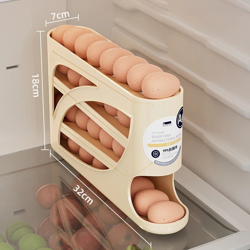 4-Layer Automatic Rolling Egg Holder Rack – Refrigerator Egg Storage Box Kitchen Organizer