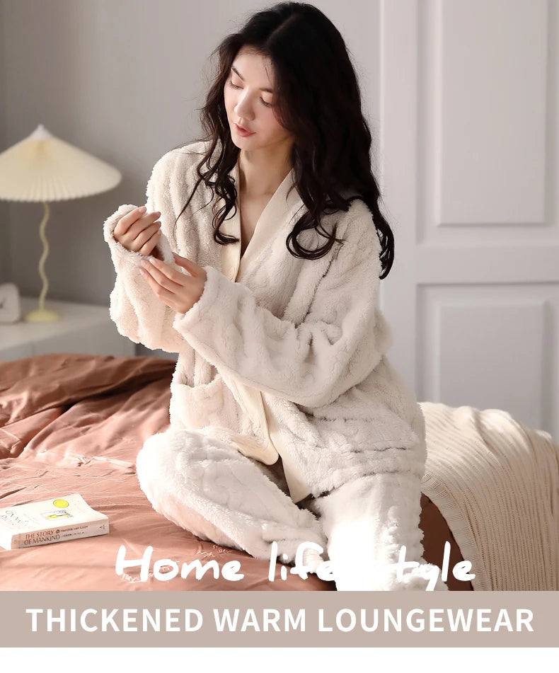 Women’s Winter Flannel Pajama Set – Warm, Thick Coral Fleece 2-Piece Loungewear