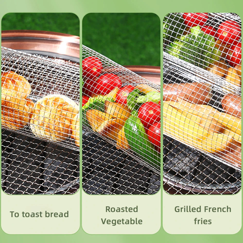 Stainless Steel Grill Basket Portable Barbecue Cage Rolling Grilling Basket Barbecue Tool BBQ Basket Outdoor Grill Accessories