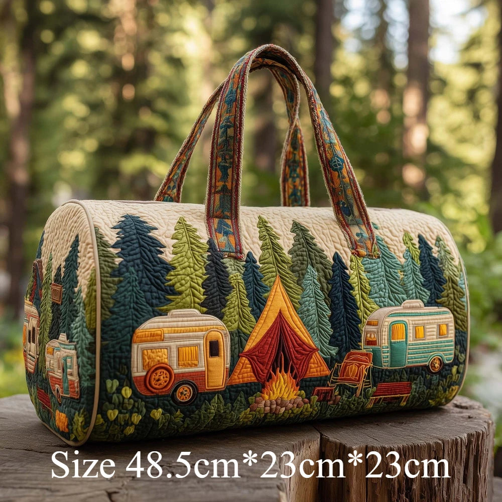 Handmade Quilted Travel Bag Vintage Artistic Camper Nature Duffle Bag Boho Weekender Tote for Men Women Camping Hiking Road Trip