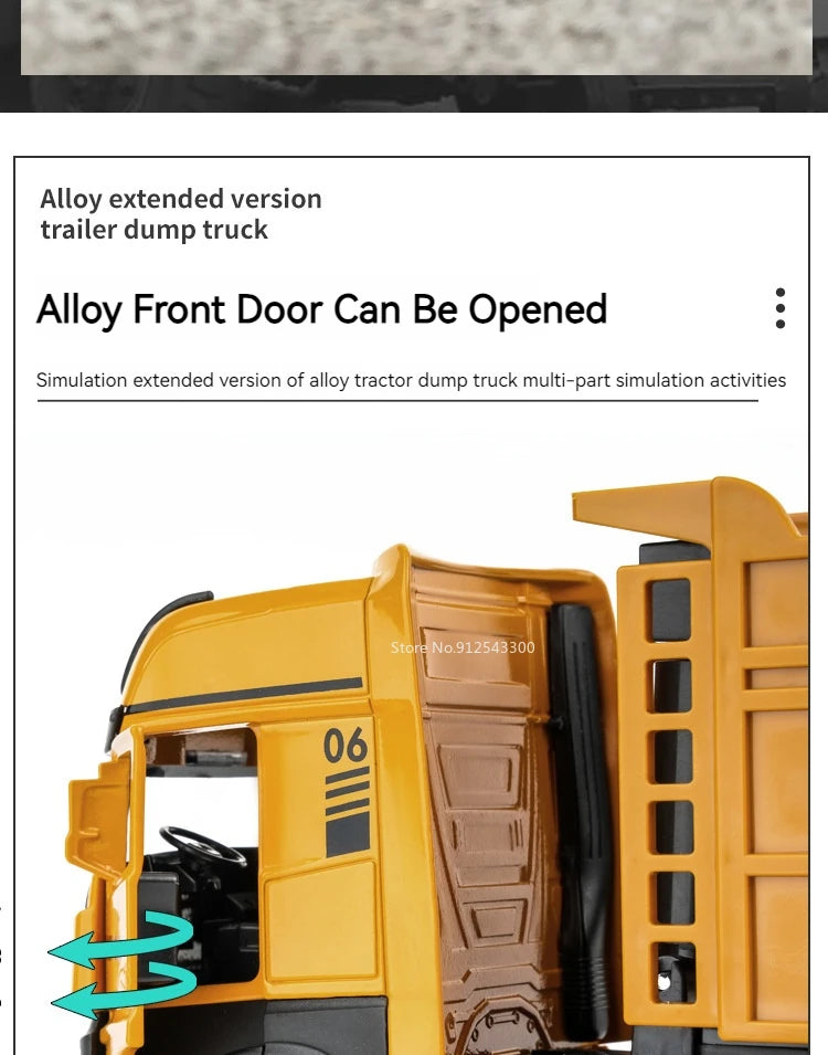 1/50 Extended Dump Truck Model Toy Metal Diecasting Doors Opened Sound Light Pull Back Vehicle Models Ornaments 's Gifts