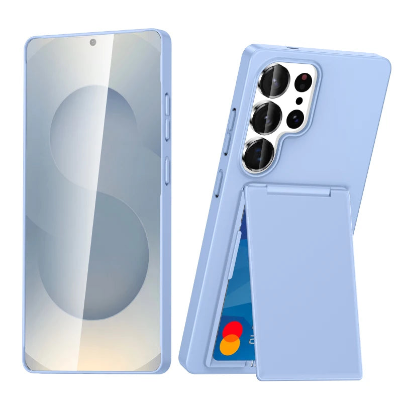 Luxury Solid Color Matte Wallet Card Slot Bracket Phone Case For Samsung S25 Ultra Edge S23 S24 Ultra Plus Bumper Back Cover