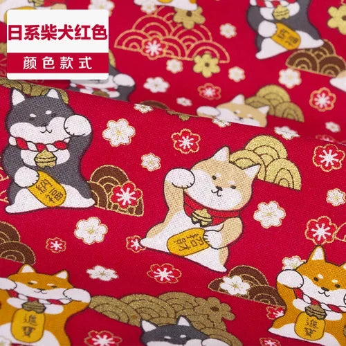 1/2/3M 23Colors Japanese Style Bronzing Cotton Fabric Kimono Clouds Cat Dog Cherry Blossoms Printed Sewing Fabric by the Meter