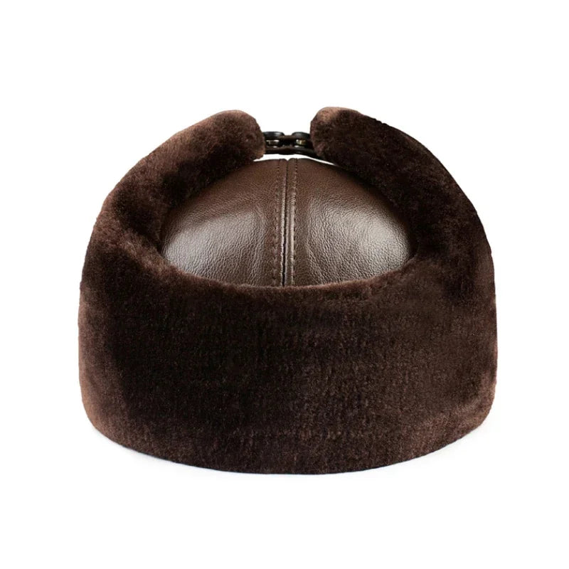 Outdoor Winter Warm Ear Protection Bomber Hat Man Genuine Leather Faux Fur Military Cap Inside Black Brown 55-60cm  Gorras