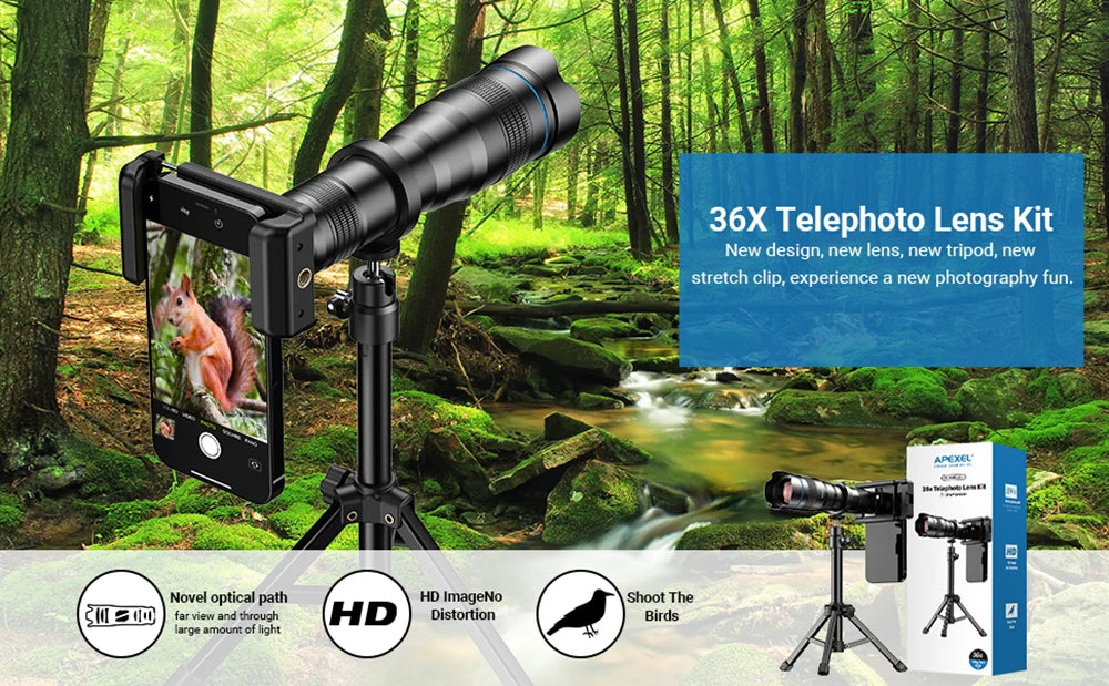 36X Smartphone Telephoto Lens with Tripod and Universal Clip