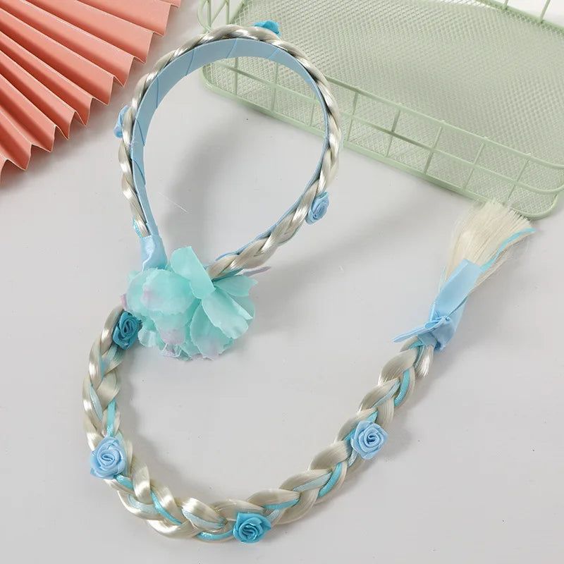 Girls Elsa Cosplay Headband Weaving Braid Tangled Snowflake Crown Headband Hair Accessories Girl Princess Bow Hair Ornament