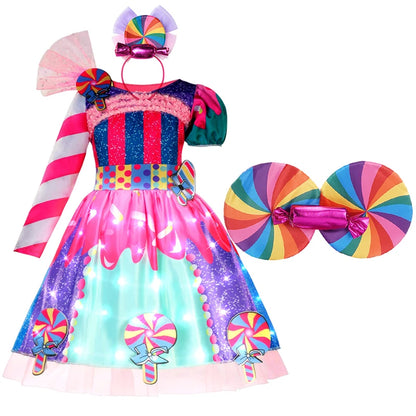 LED Light Up Princess Candy Dress For Girl Lollipop Party Clothing Kids Cosplay Costume New Years Dress 2-10Y