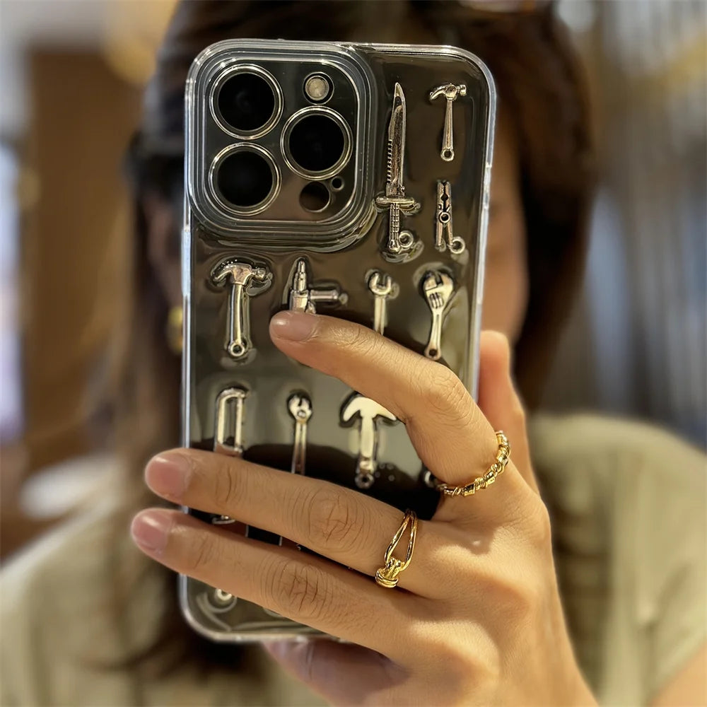 3D Tool Creative Handmade Fork Knife Clear Phone Case For iPhone 16 15 13 14 Pro Max Drip Glue Soft Silicone Back Cover