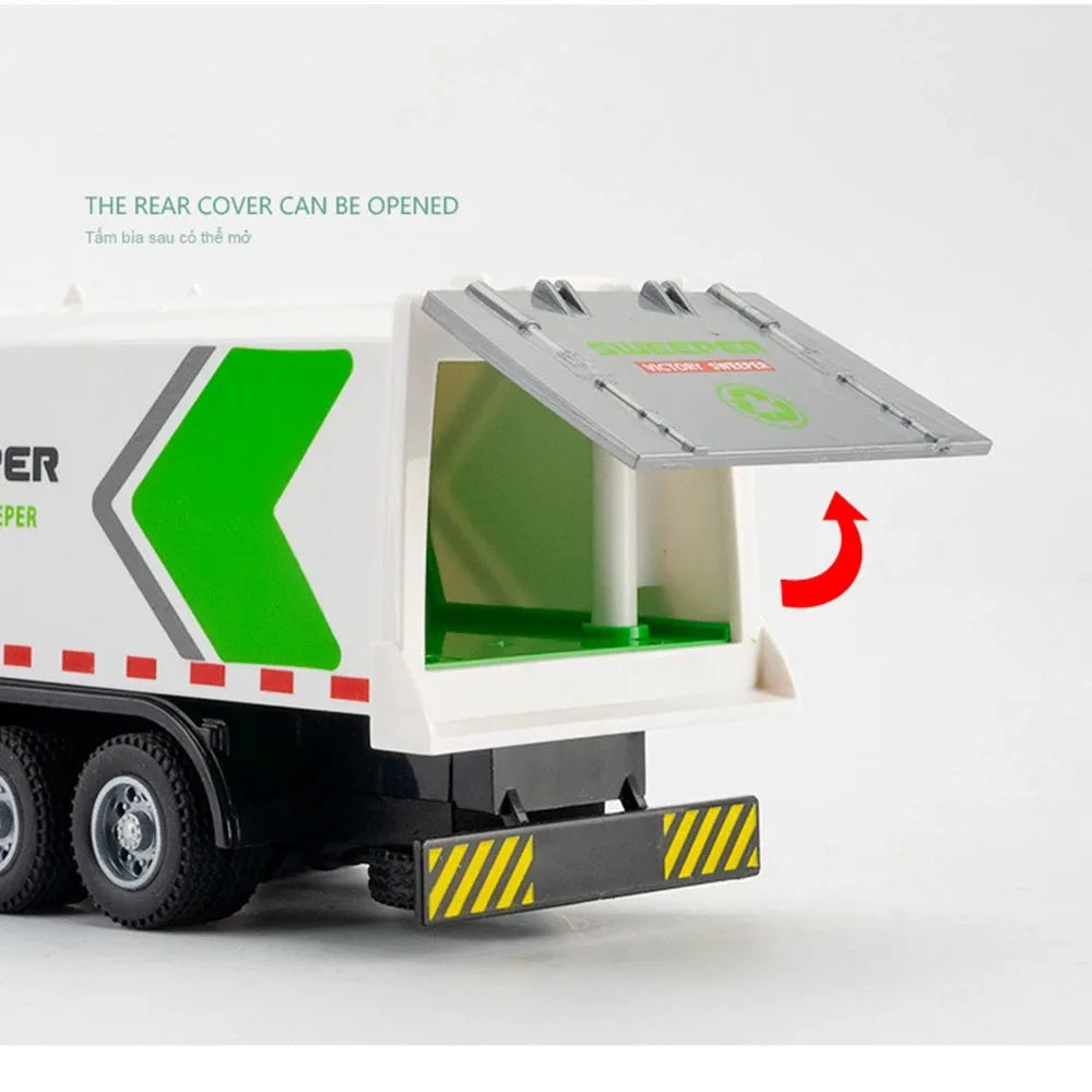 1:32 Water Spray Fog Fire Truck Model Sweeper Toy Car Sound Light Pull Back Doors Opened Vehicles Collection  Gifts