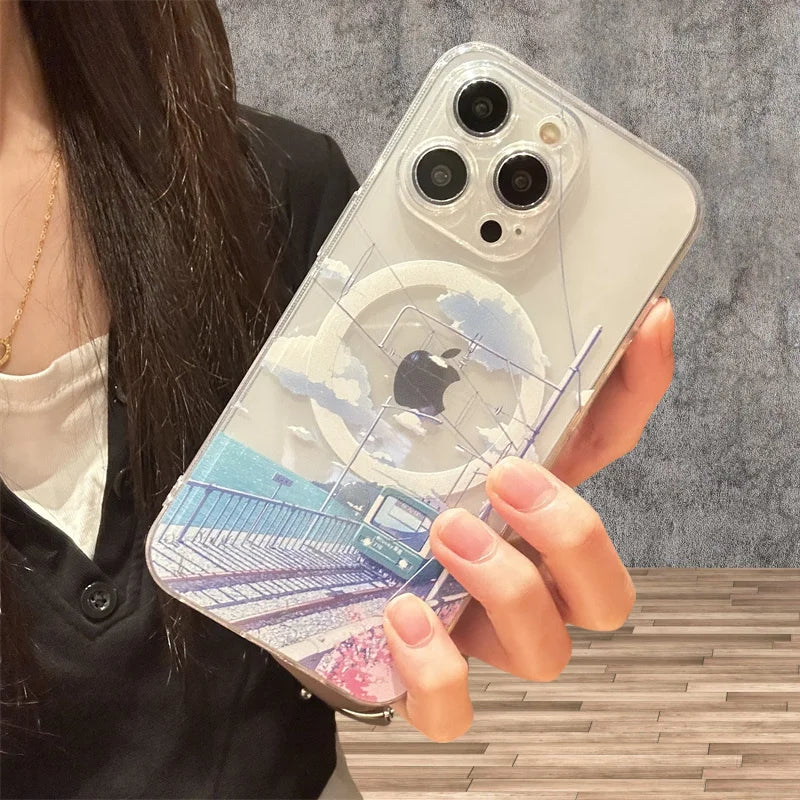 Hand Painted Anime Tram  Case for iPhone 16 15 14 Plus Magsafe Wireless Charge Cover
