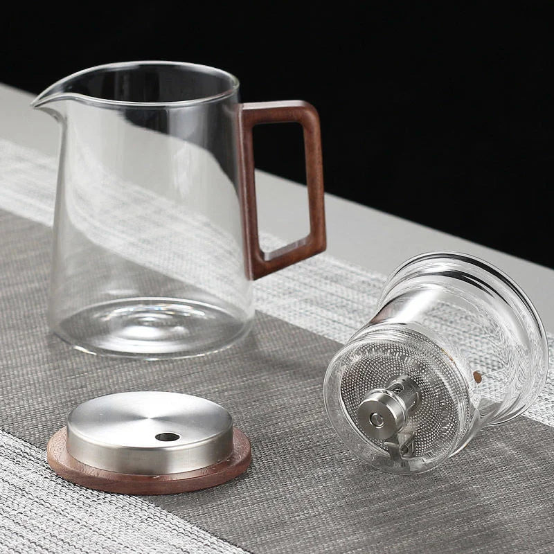 Water Separation Glass Teapot with One Click Tea Infuser and Wood Handle