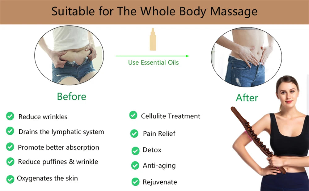 Guasha Wood Stick Tool Wood Therapy Massage Tool for Body Shaping,31 Beads Back Massage Roller Stick,Lymphatic Drainage Massager
