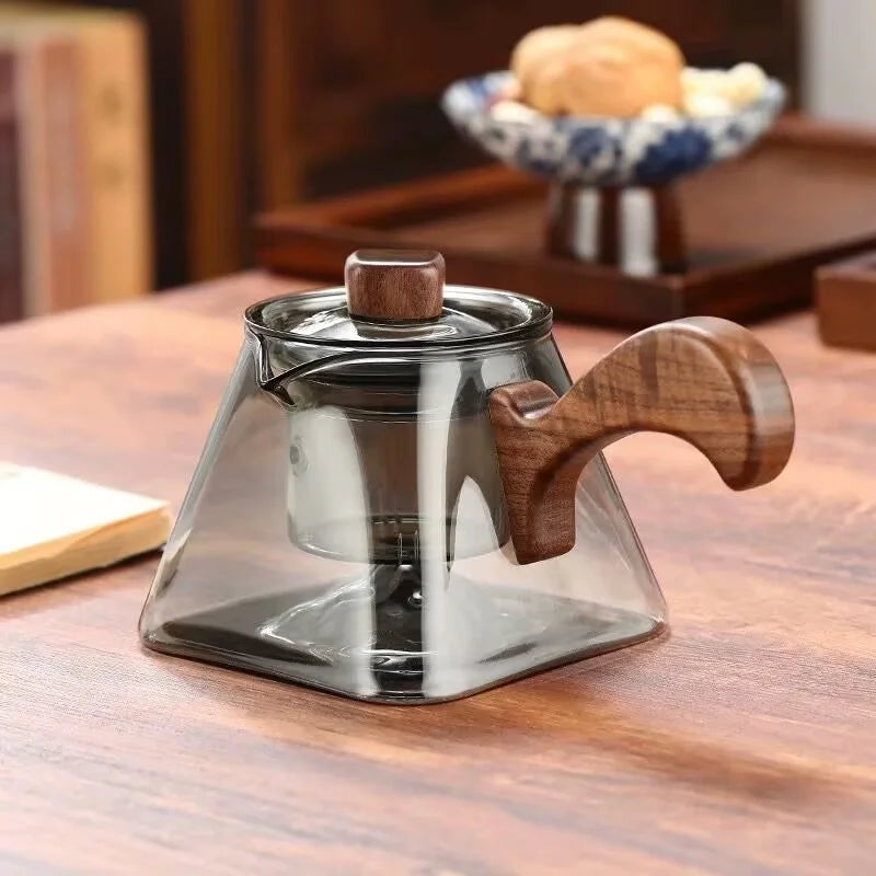 450ml Square Bottom Mountain Glass Teapot With Infuser Side Wooden Handle Tea Pot Puer Oolong Tea Maker Kungfu Tea Set