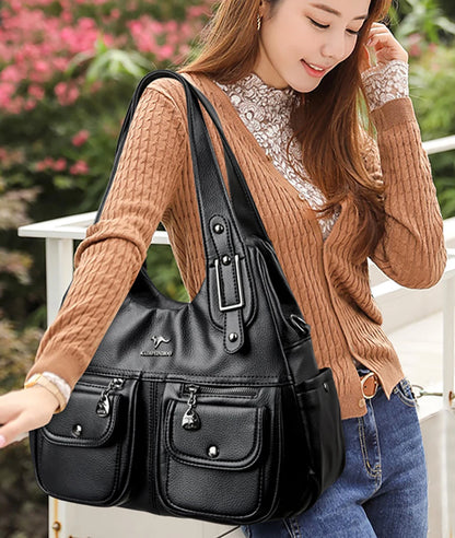 Women Casual Multiple Pockets Tote Bag Lady Large Capacity Shoulder Crossbody Bag Vintage Soft Leather Travel Bag