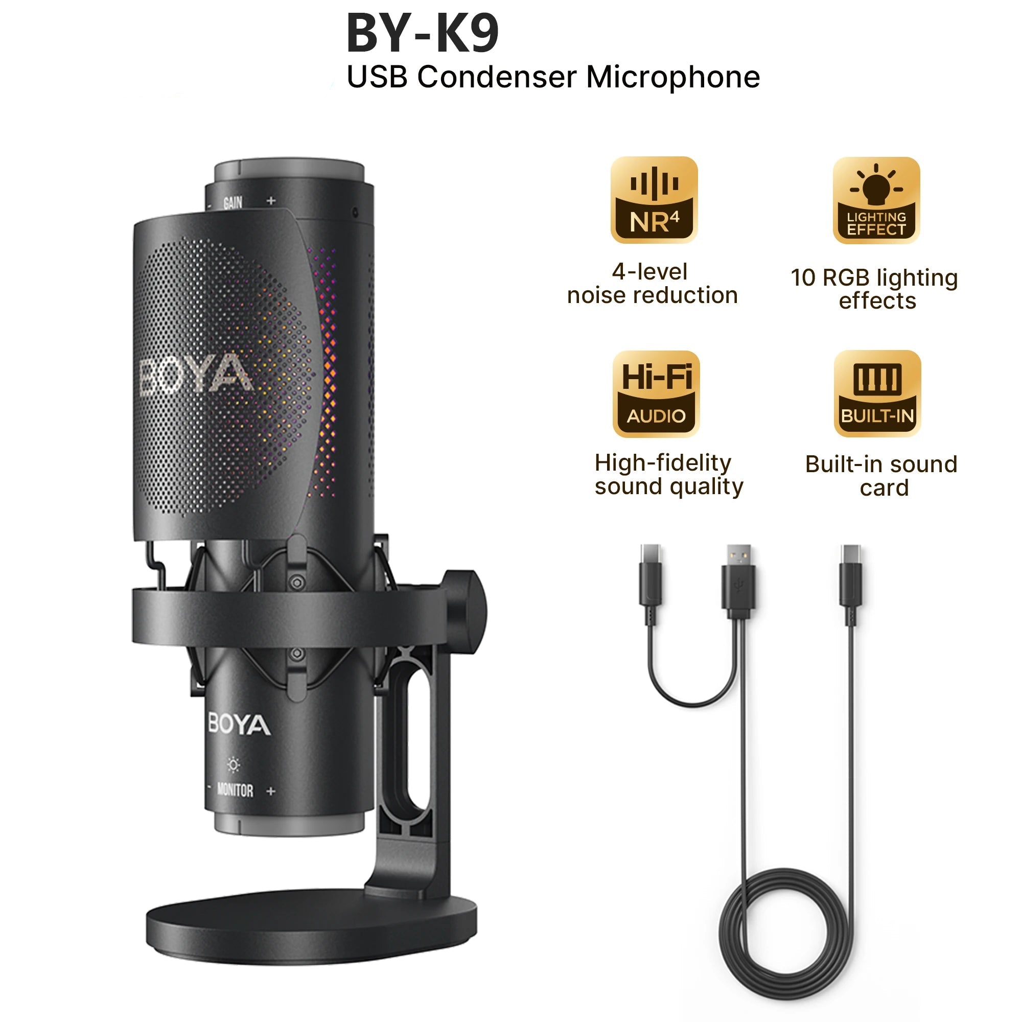 K9 USB Condenser Microphone with RGB Control/Headphone jack/Mute,MIC for PC PS4 PS5 Mac Gaming AmpliGame Youtueb Recording