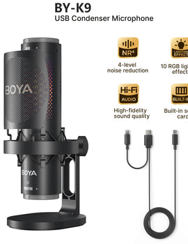 K9 USB Condenser Microphone with RGB Control/Headphone jack/Mute,MIC for PC PS4 PS5 Mac Gaming AmpliGame Youtueb Recording