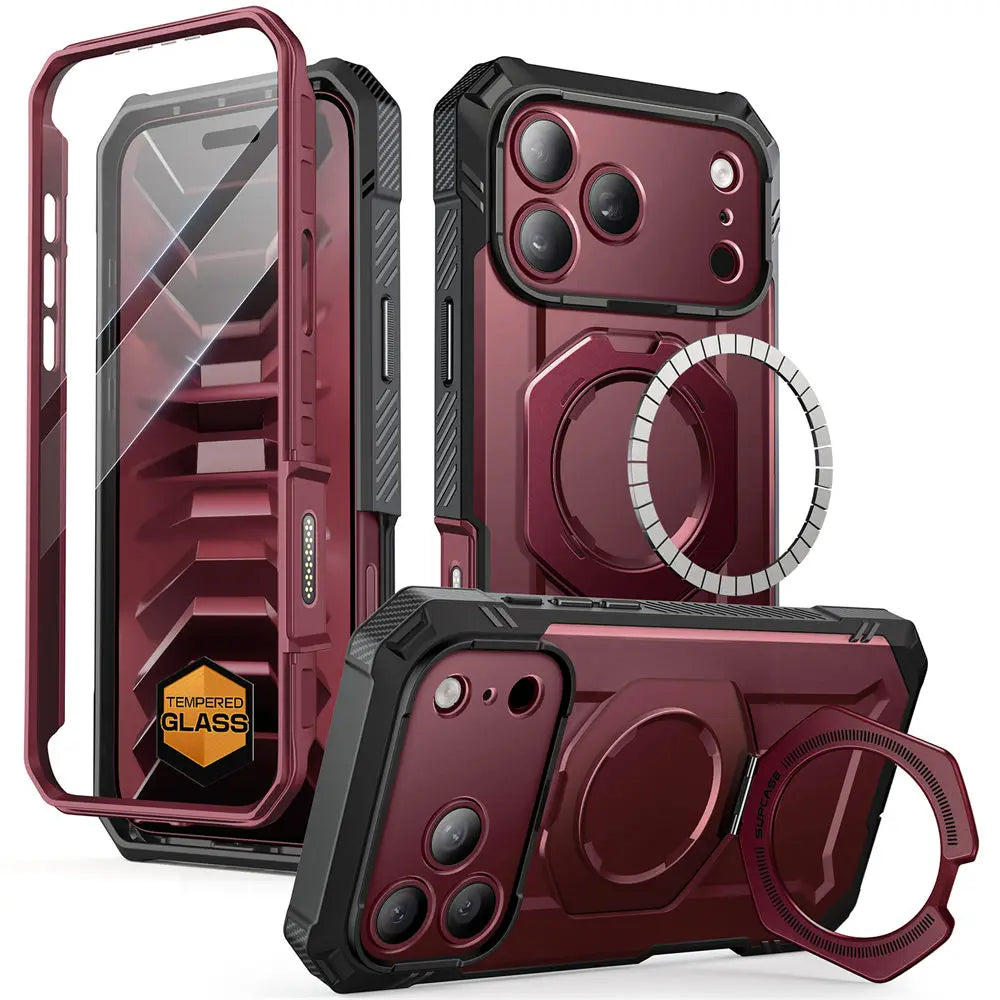 Rugged Magnetic Phone Case with Tempered Glass Screen Protector and Aluminium Kickstand for iPhone 17 Pro and iPhone 18 Pro