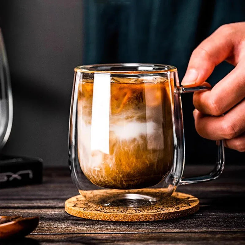 250/400ml Clear Double Wall Glass Cup Home Coffee Milk Mug With Handle Hot Cold Beverage Juice Drinkware Cup Set Of 1/2/4pcs