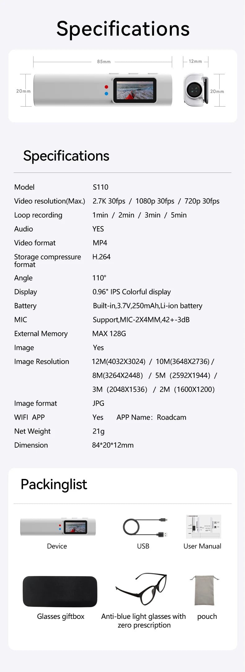 Mini FPV Eyeglasses Action Camera 2.7K Sport Bodycam WiFi Video 0.96