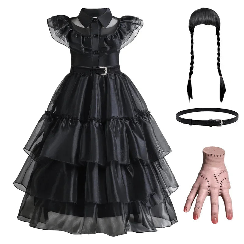 Girls Mesh Hollowed Out Cake Long Dress Cosplay American Drama Matching Ball Dress Black Kids Cospaly Dresses for Halloween