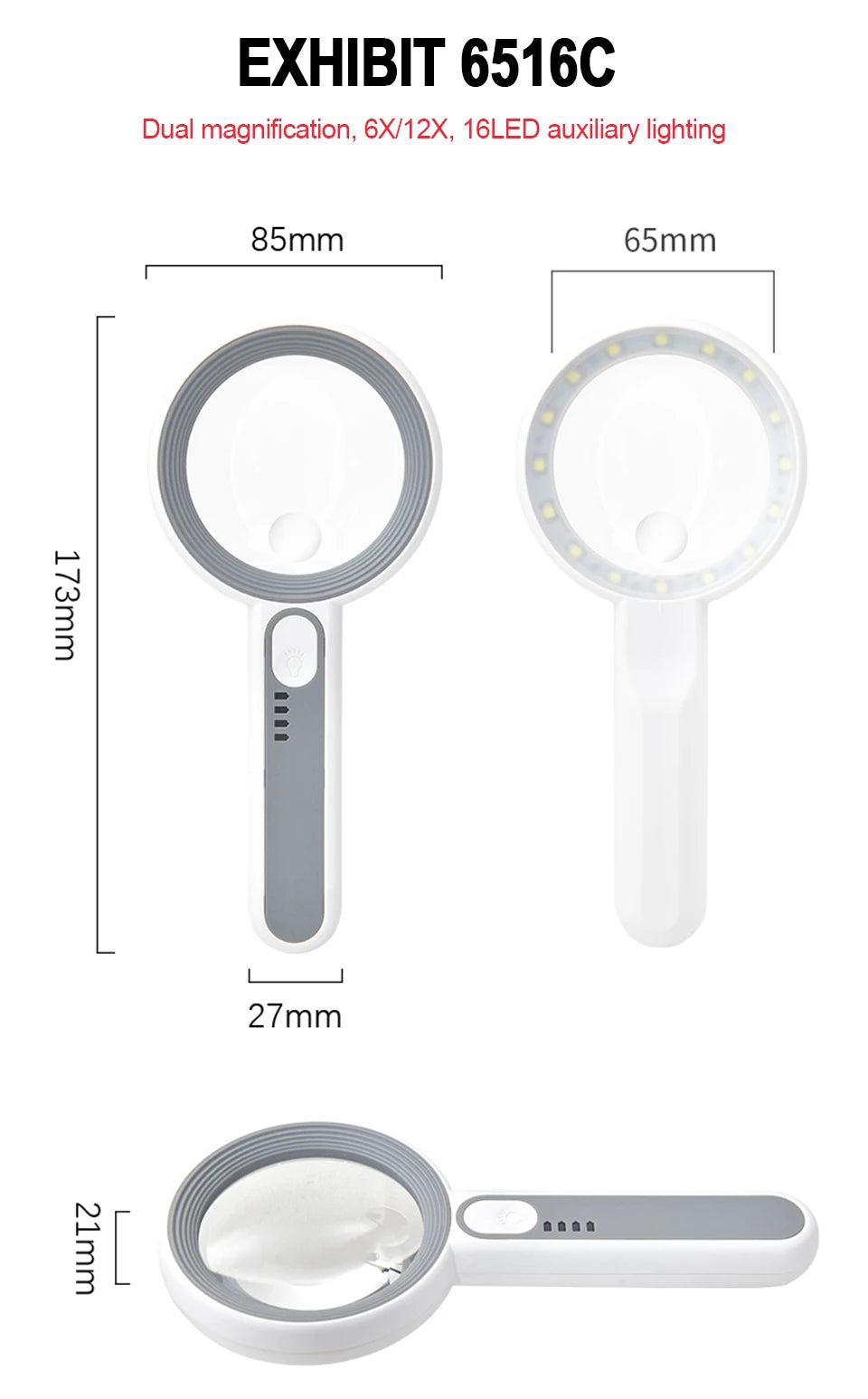 Rechargeable LED Magnifier 5X–12X Handheld with 3 Light Modes