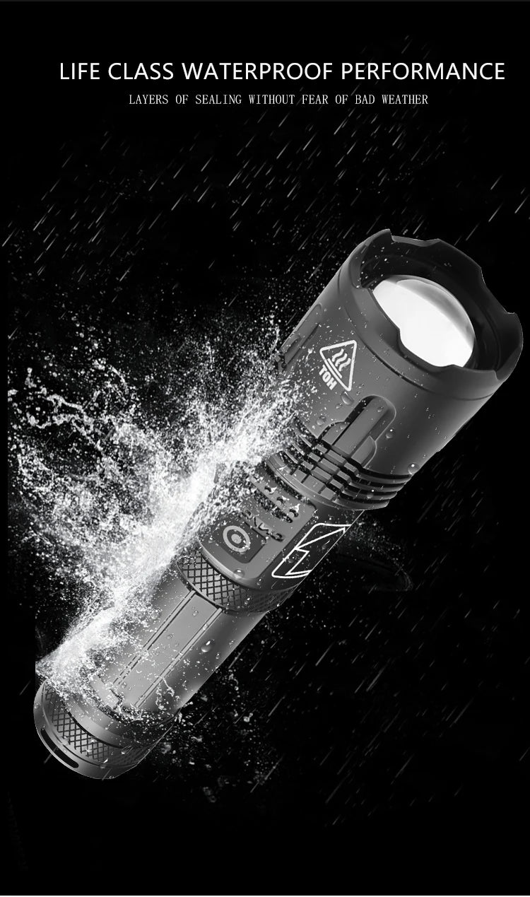 High Power Tactical Flashlight Rechargeable Zoom LED Torch with 5 Charging Modes Pen Clip