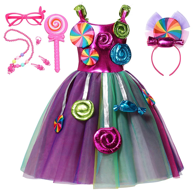 Purim Festival Lollipop Costume Girls Fairy Dress Fancy Carnival Birthday Fantasy Children Candy Rainbow Vestido Dress for Girls