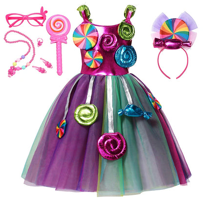 Purim Festival Lollipop Costume Girls Fairy Dress Fancy Carnival Birthday Fantasy Children Candy Rainbow Vestido Dress for Girls