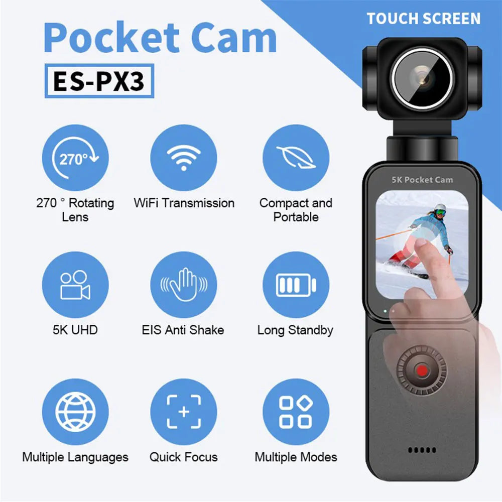 4K Pocket Action Camera with 270° Rotatable Lens Touch Screen Stabilization WiFi Sports Body Camera Video Recorder