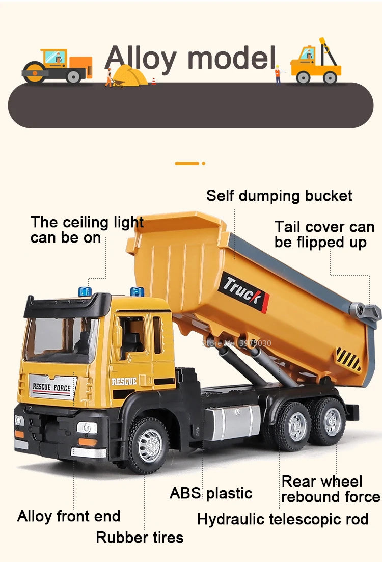 1/50 Scale Tipper Truck Alloy Diecast Toy Model Dump Engineering Transport Truck Sound Light Pull Back Collection Gifts