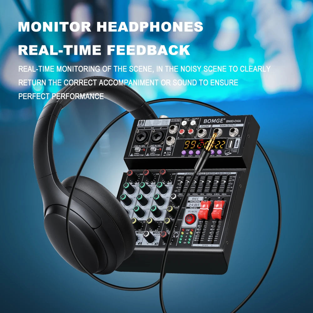 4 Channel Audio Mixing Console with 99 Band EQ USB Recording and Bluetooth