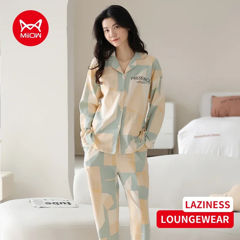 Women’s Winter 100% Cotton Pajama Set – Loose Fit, Turn-Down Collar, Long Sleeves, Cute Pink