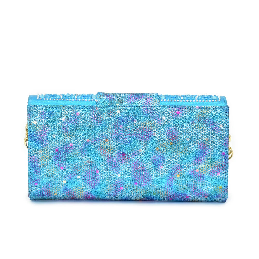 Women Low Heels Sandals Shinning Material with Rhinestone Italian Design Sky Blue Color Peep Toe Shoes and Bags Set