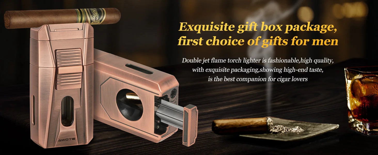 Cigar Lighter with Double Jet Flame, Refillable Cigar Torch Lighter with Cigar Holder, V-Cigar Cutter, Cigar Draw Enhancer