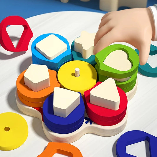 Wooden Flower Shape Sorter and Geometric Stacking Toy