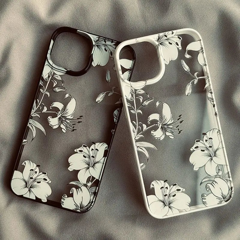 Transparent Lily Flower Floral Case For iPhone 16 15 14 Pro Max 14 Plus Mini Acrylic Clear Funda Cover