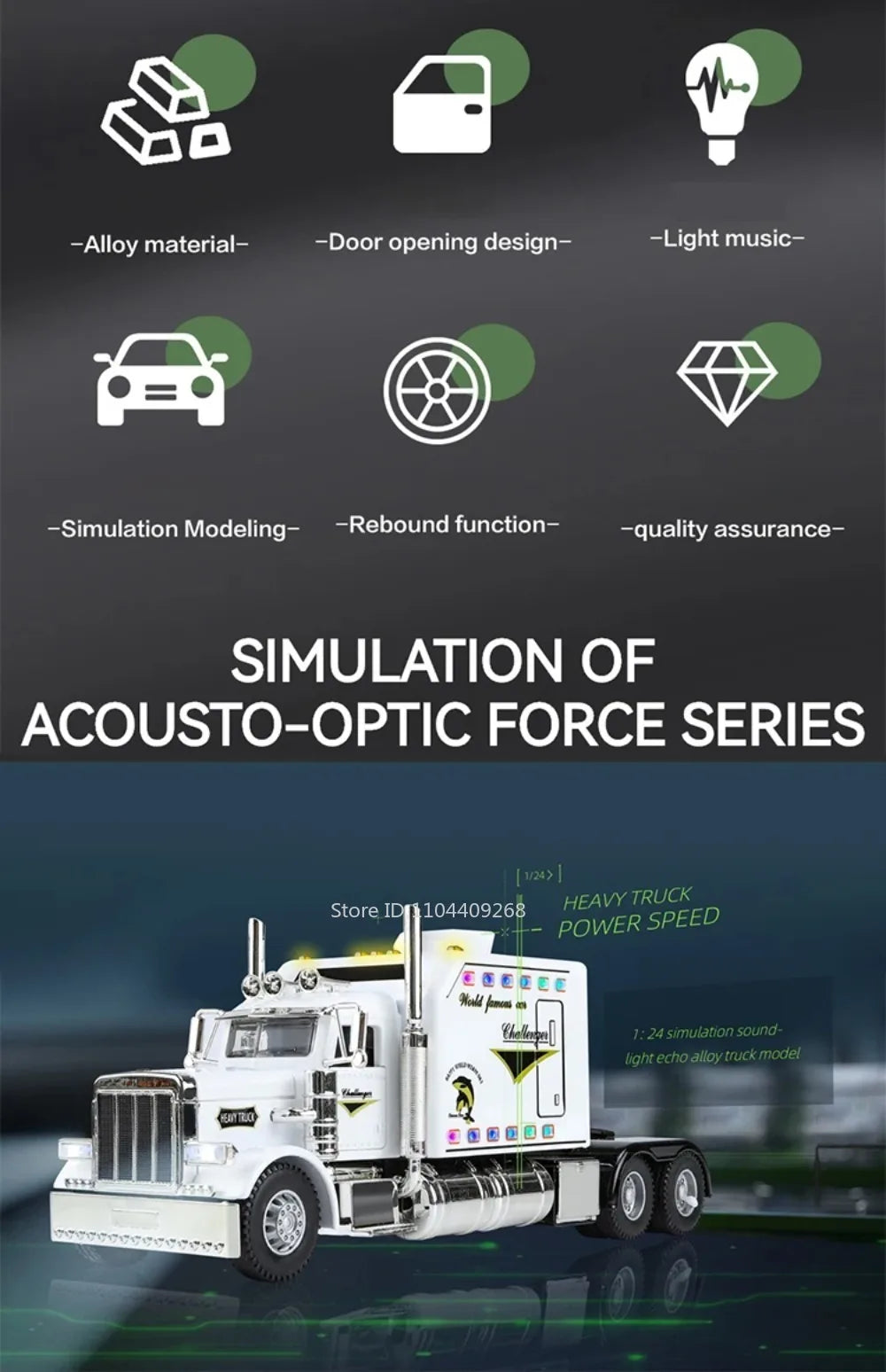 1:24 PETERBILT 389 Truck Toy Walking Tractor Car Model Alloy Die-cast Sound Light Vehicle Models Interior Decoration Present