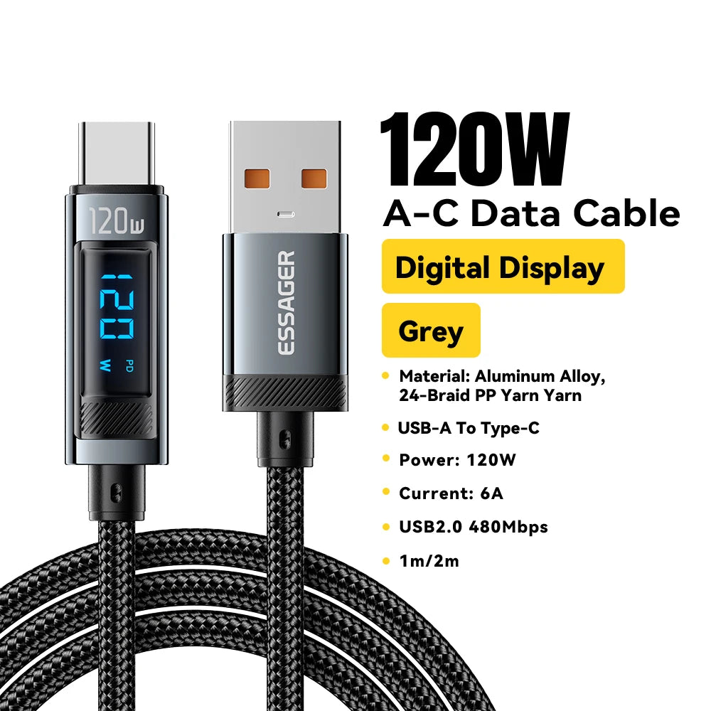 120W USB Type-C to Type-C Fast Charging Cable with LED Display