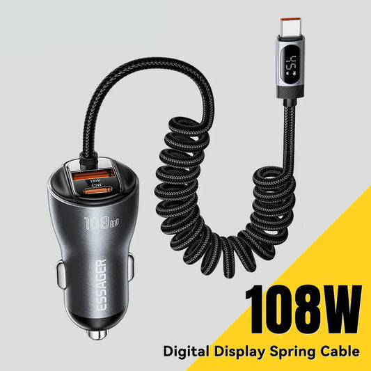108W Car Charger PD Fast Charging 2 USB C + USB A with Digital Display Spring Cable