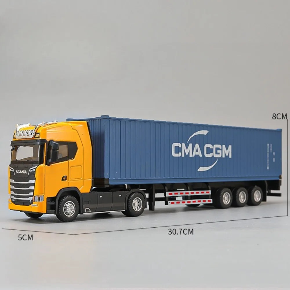 1:50 American Trailer Transport Vehicle Diecast Alloy Front End Container Truck Models Toys Sound Light Cars for Boys Xmas Gifts