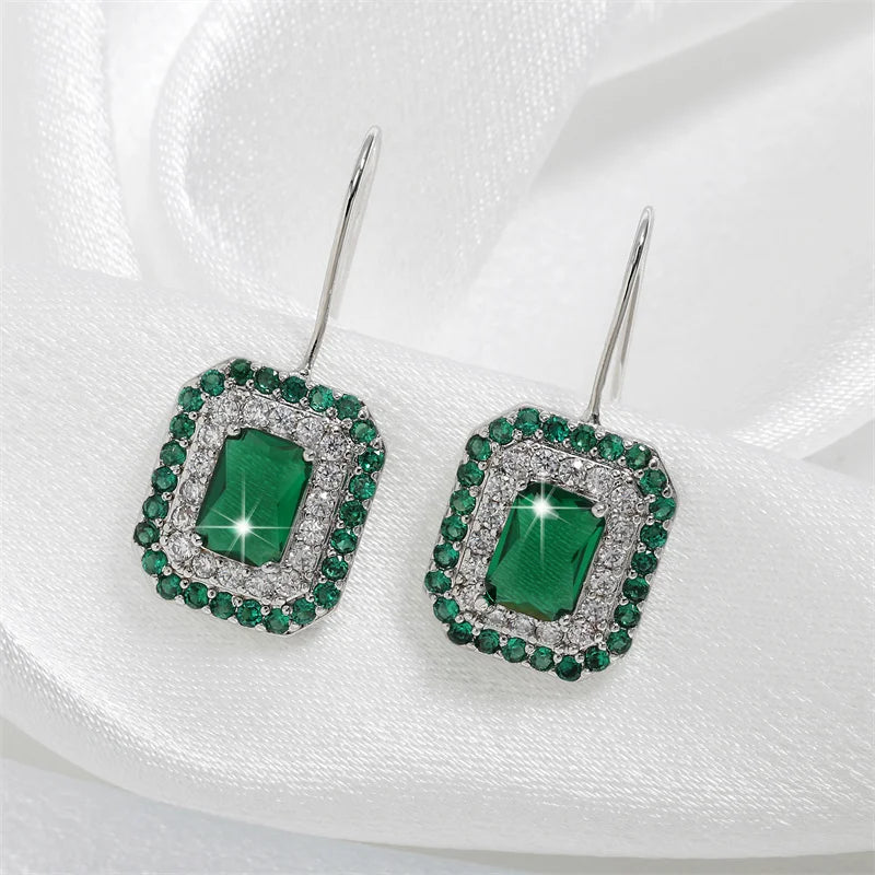 Square Green Zirconia Hook Earrings for Women Simple Geometric Rectangle CZ Earring