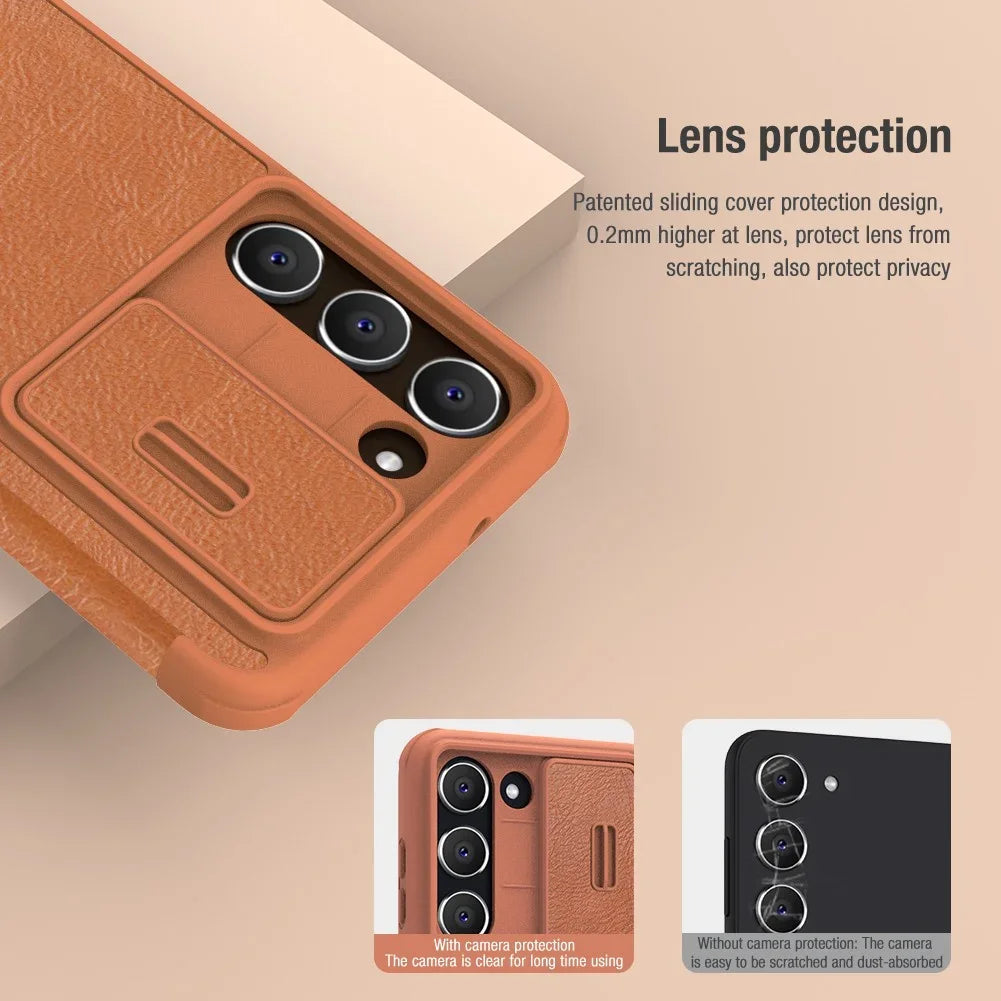 Luxury Flip QIN Pro Leather Case For Samsung Galaxy S23 Plus Shockproof Camera Slider Protection Cover With Card Holder