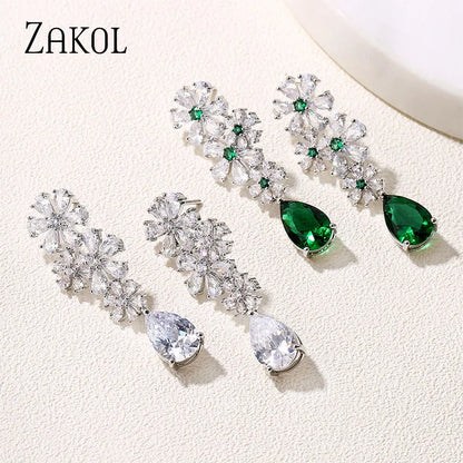 Vintage Luxury Green CZ Water Drop Flower Dangle Earrings