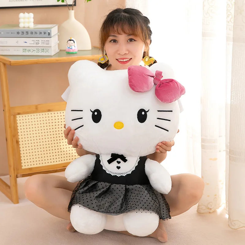 Kawaii Kuromi My Melody Plush Toy with Black Bow Skirt Cute Hello Kitty Stuffed Doll for Kids Birthday Xmas Gift Large Size Toy