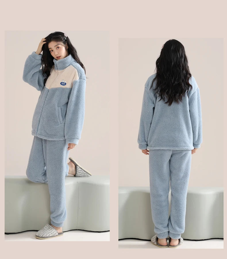 Women’s Winter Flannel Pajama Set – Warm Coral Fleece Loungewear with Cute Bunny Design