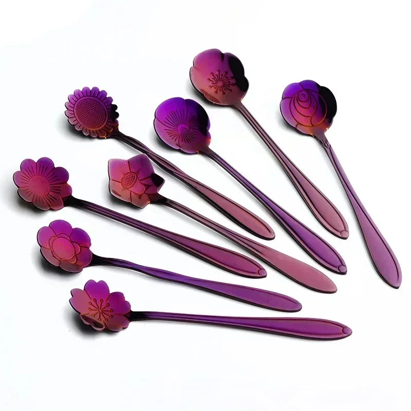 8pcs Gold Dessert Spoons Small Flower Spoon Set Stainless Steel Teaspoons Milk Stir Tool for Fruit Honey Lovely Dinnerware Set